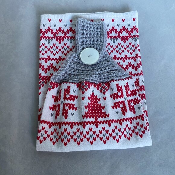 Crochet Top Hanging Red Christmas Trees Snowflakes Flour Sack Kitchen Towel - Picture 8 of 8